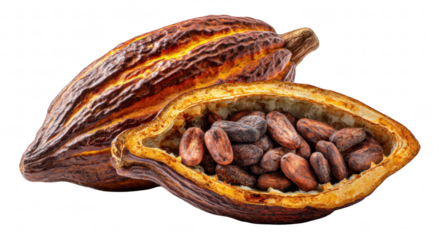Cocoa pod cut open with cacao beans inside, isolated on transparent background, realistic tropical fruit composition, sharp clarity