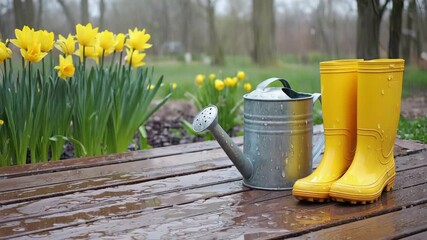 Bright yellow boots and watering can in a spring garden