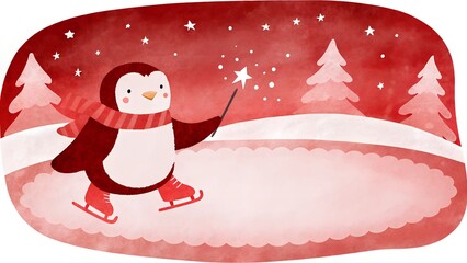 Watercolor illustration of a cute penguin catching a star with a magic wand in red shades