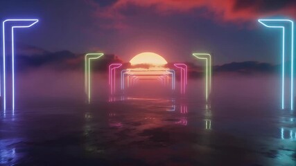 A vibrant synthwave landscape features a path of glowing neon arches leading to a large setting sun over a reflective watery surface. - Powered by Adobe