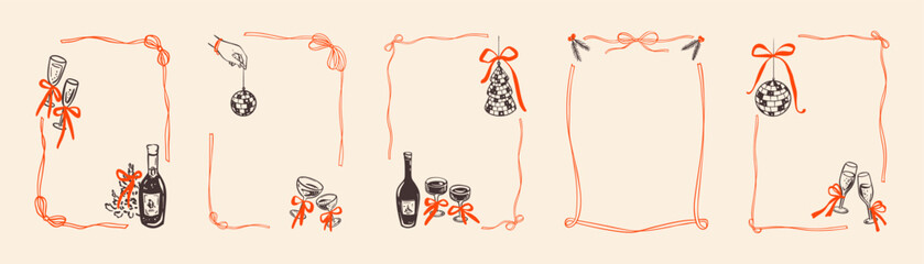 Hand-drawn crayon Christmas frame with festive bow and vintage ornaments, whimsical doodle border featuring party ribbons, disco balls and champagne glass. Retro sketch design with xmas tree decor