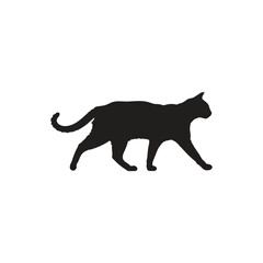 A silhouette of a cat walking with its tail curled up on a white background in a simple illustration
