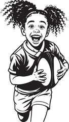 Joyful young girl with curly pigtails running and smiling while holding a rugby ball, black and white illustration.