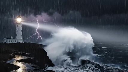 stormy lighthouse lightning waves crashing night rugged coastline with towering beacon slicing rain, massive waves pounding rocky cliffs, lightning forks illuminating spray and foam, heavy gale - Powered by Adobe