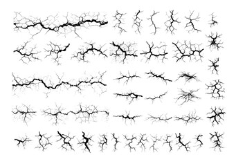 Obraz premium Earth cracks black ink vector set. Distressed texture broken wall surface ground fracture, damage destruction land concrete fractured decal illustrations isolated background