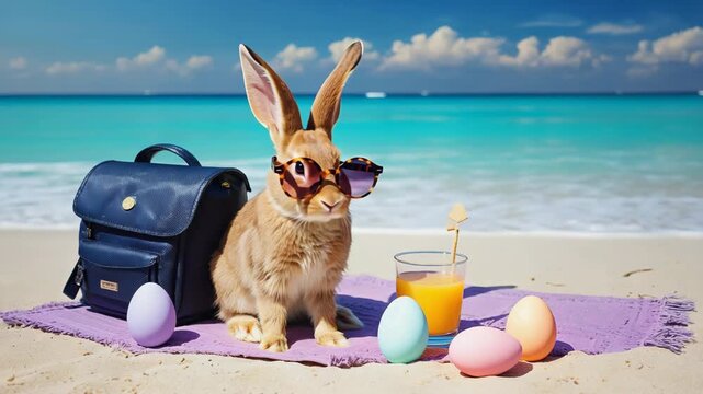 Cute bunny enjoys beach day with colorful eggs and juice
