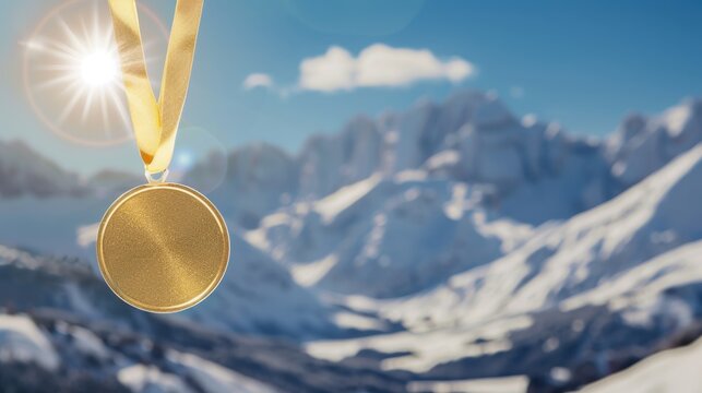 A close-up of a gold medal hanging against a backdrop of snow-capped mountains. The sun reflects off the medal, highlighting its shine and detail.