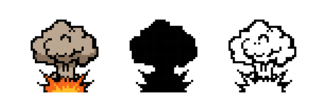 Pixelated Explosion with Fire for Gaming and Graphic Design Use in Three Renderings