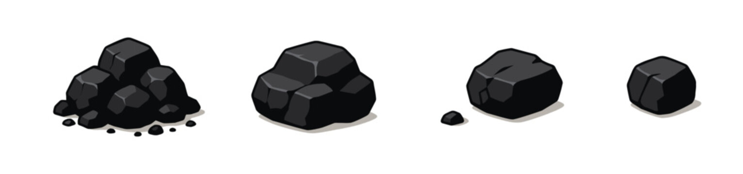 Isometric Representation of Coal Rocks in Varying Sizes on a White Background