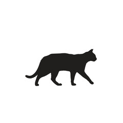 A silhouette of a cat walking on a white background with its tail up and ears perked and alert looking