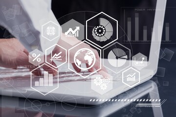 Business person using abstract digital dashboard.