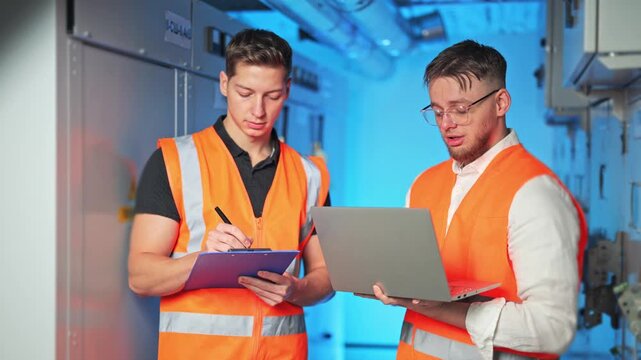 Two engineers collaborate in server room. Professionals discuss data on laptop, taking notes. Demonstrates teamwork, focus, diligence. - Powered by Adobe