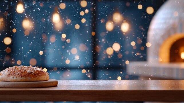 Christmas themed pizzeria background featuring warm bokeh lights, a freshly baked pizza on a wooden table, creating a cozy and inviting atmosphere for holiday gatherings