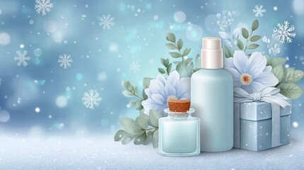 Nordic minimalist illustration featuring beauty products, floral elements, and a gift box, creating a serene atmosphere perfect for a spa or salon setting