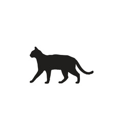 A silhouette of a cat walking with its tail up on a white background in a simple vector style