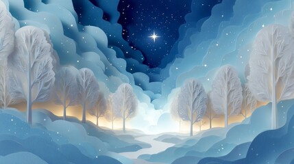 Layered paper cut illustration of a snowy forest with looping clouds and a starry sky, creating a serene winter landscape with enchanting ambiance and soft textures