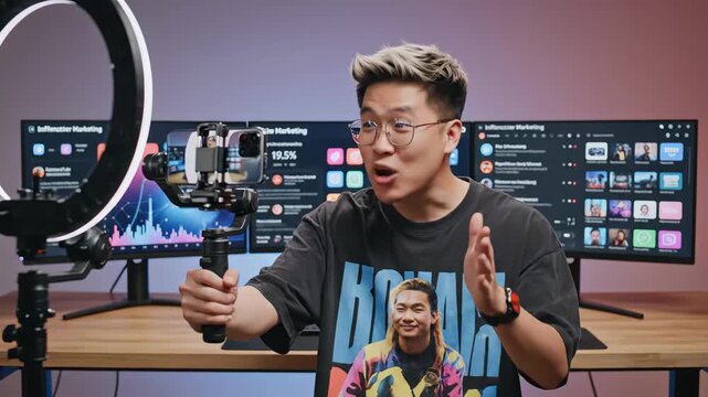 vlogger demonstrating tech, digital creator sharing camera gear amidst lively lighting effects, video blogger capturing tech tools while engaging viewers with energetic visual presentation