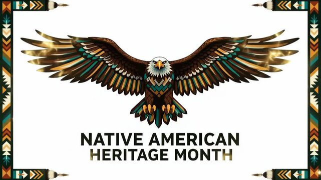 stylized eagle with tribal patterns celebrating native american heritage month. illustration on natural landscape background and white backdrop