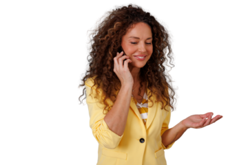Woman with curly hair talking on phone, smiling and gesturing, isolated on transparent background