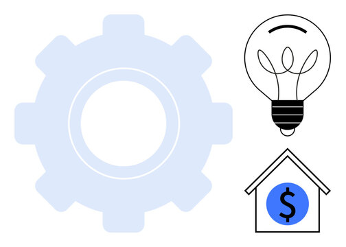Gear represents process or industry, lightbulb conveys idea or innovation, house with dollar sign implies financial investment. Ideal for technology, business, housing, innovation, economy, finance