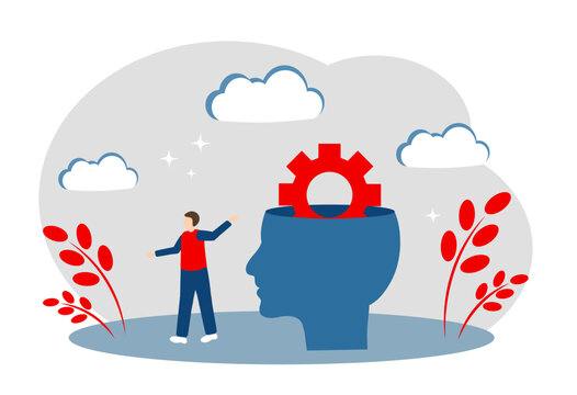 Head and gear. The concept of thinking process, brainstorming, problem-solving, and insight