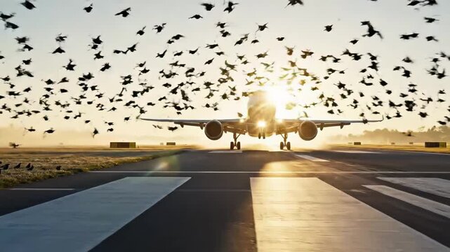 migration cloud over runway, wildlife crossing path poses risk during aircraft landing at dawn, flock of birds flying across runway creates potential danger during morning aircraft