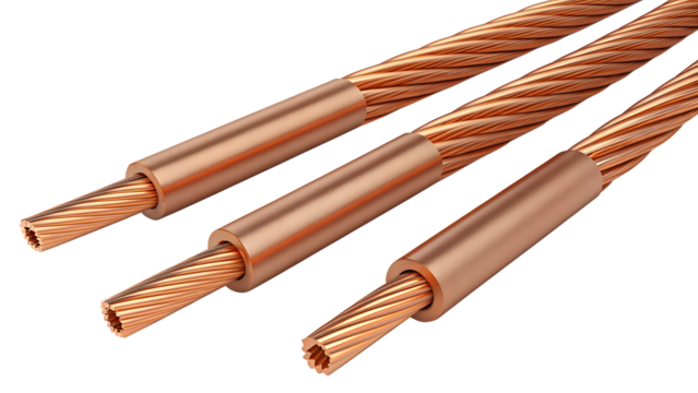  Exposed copper wire | Three copper electrical wires with exposed conductors showcasing conductivity suitable for electrical engineering and construction projects isolated on white - Powered by Adobe