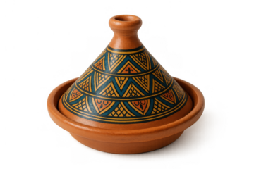 Moroccan tagine cooking pot with traditional intricate patterns, handmade terracotta clay cookware for stewing food, transparent background
