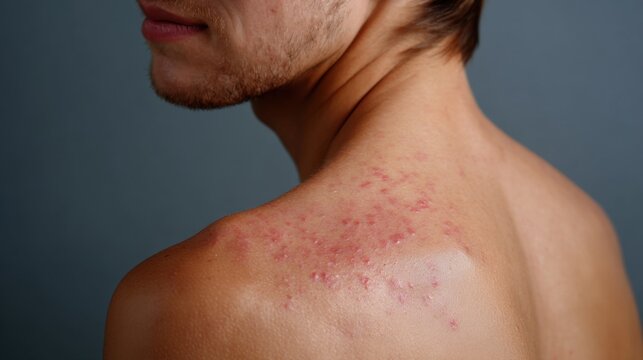 Close-up of shingles rash on a man shoulder, skin inflammation and blisters, herpes zoster infection