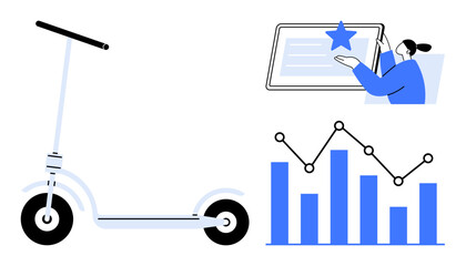 Electric scooter as eco-friendly mobility, person interacting with digital award screen, and data graphs visualizing trends. Ideal for sustainability, technology, efficiency, mobility, data