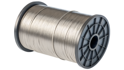 Roll of thin metal wire png | Spool of thin metal wire industrial supply for electronics and manufacturing isolated on white background