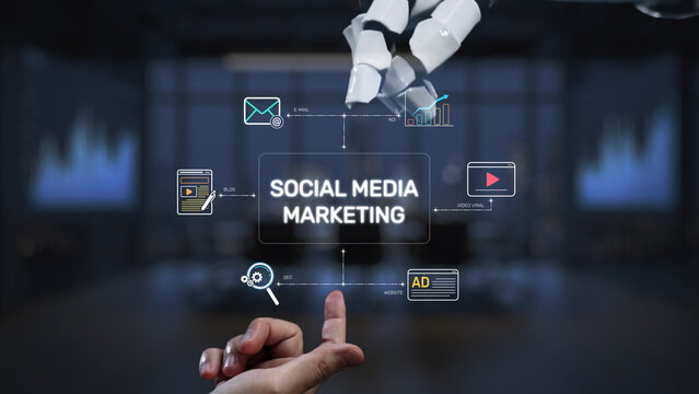 Explore the innovative realm of social media marketing as a robotic hand interacts with a digital interface, representing technology and automation in modern business strategies. Synapse