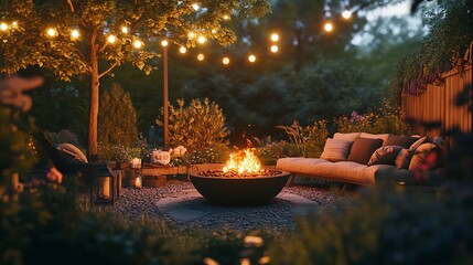 Cozy backyard patio with a fire pit and string lights at night
