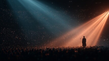 A confident speaker stands alone on a vast, dark stage under dramatic blue and orange spotlights, addressing a huge, silhouetted crowd of spectators.