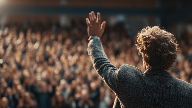 Rear view of a motivational speaker on stage raising their hand to emphasize a point to a large, blurred audience, capturing public speaking and emotion.