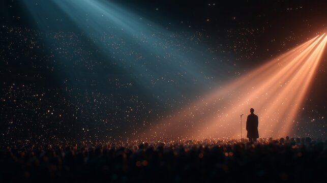 A confident speaker stands alone on a vast, dark stage under dramatic blue and orange spotlights, addressing a huge, silhouetted crowd of spectators.