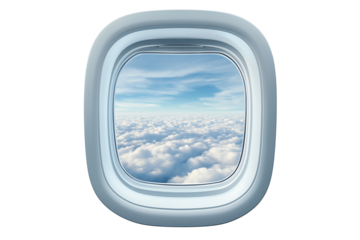 Realistic 3D Aircraft Window with Blue Sky Clouds Isolated on Transparent Background
