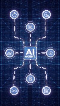 Central AI agent hub visually connects to digital service icons, symbolizing automation, analytics, data, security, and financial management