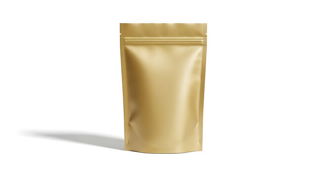 Isolated golden stand up pouch with zipper closure on a white background for product packaging