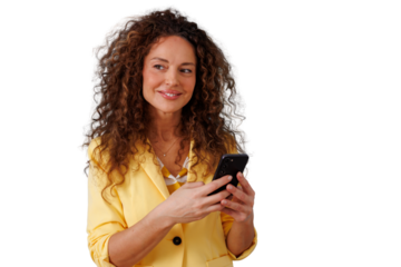 Woman with curly hair using smartphone, smiling and messaging, enjoying digital communication on transparent background