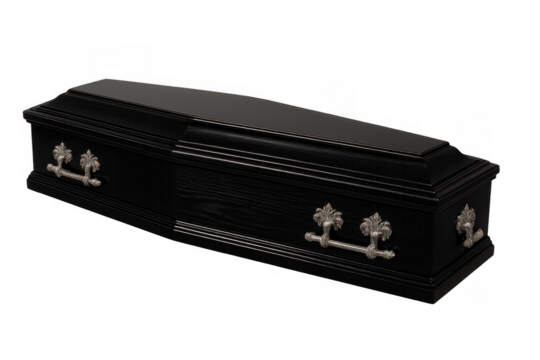 Black coffin with ornate handles on transparent background representing death and funeral service