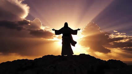 Jesus standing silhouetted against blue sky with cross in background, conveying reverence and spiritual connection for use as inspirational visual storytelling asset in various commercial.