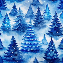 Hand-drawn watercolor blue Christmas trees seamless pattern
