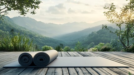 Yoga mat on wooden deck overlooking misty mountains at sunrise