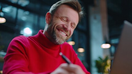 Cheerful, focused businessman in a bright red turtleneck sweater, happily writing with a pen, laughing or smiling while working on a laptop in a modern, stylish office.