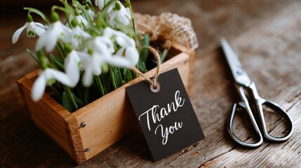 A wooden box of fresh white snowdrop flowers next to a black "Thank You" tag, twine, and silver scissors on a rustic wooden table.