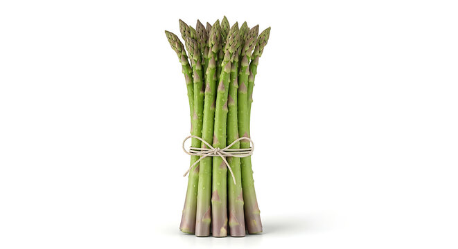 A bundle of fresh asparagus spears tied with twine on a white background in a studio shot