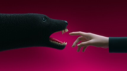 A surreal, unsettling, and stylized illustration of a ferocious black bear-like creature's gaping mouth with sharp teeth reaching for a human hand in a dramatic, vibrant magenta background.