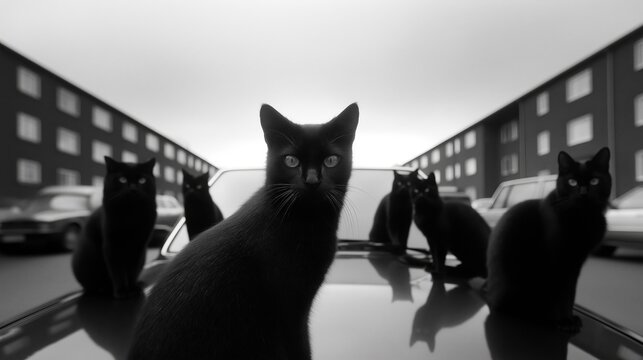 Fototapeta A moody, low-angle black and white street photography scene featuring a group of black cats perched on a car hood, intensely staring at the camera with urban buildings in the background.