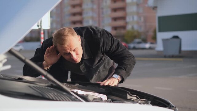 An alert driver listening to the car's engine while opening the hood
